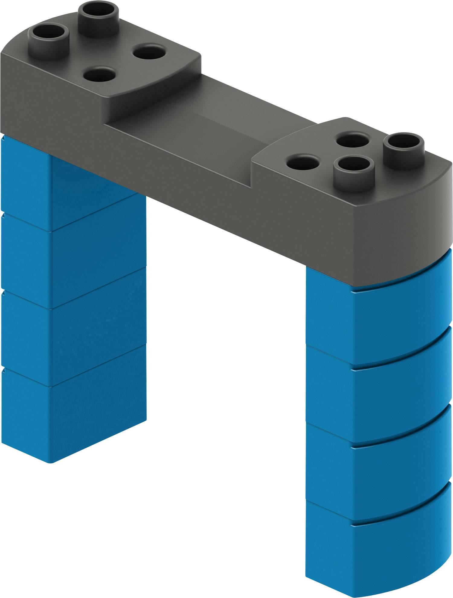 Two turquoise vertical building blocks with a black horizontal block on top, forming a bridge shape.