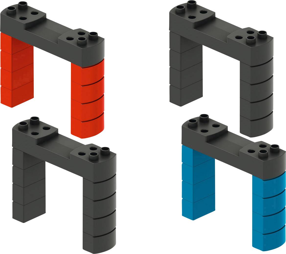 Four bridges made of building blocks, each consisting of two vertical and one horizontal beam in different colours: red, black and blue.