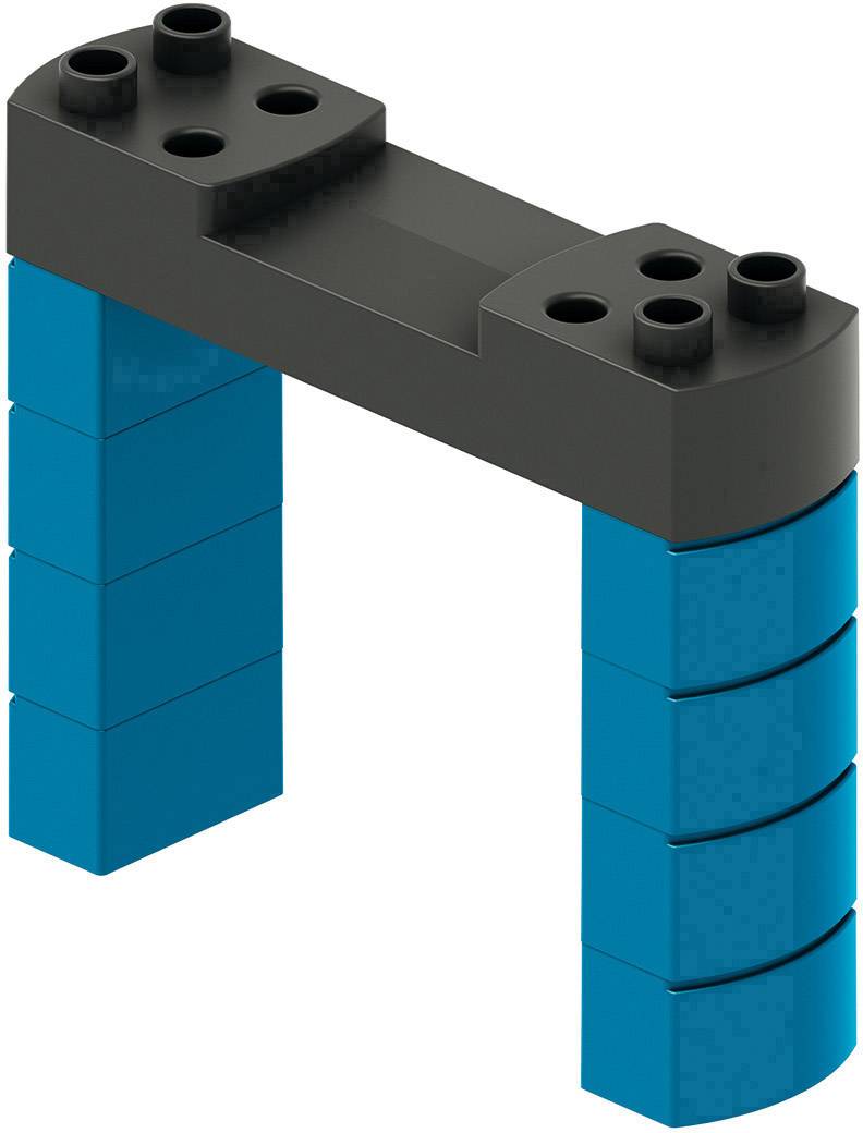 Two blue stacks of building blocks, connected by a black stone at the top, form an archway.