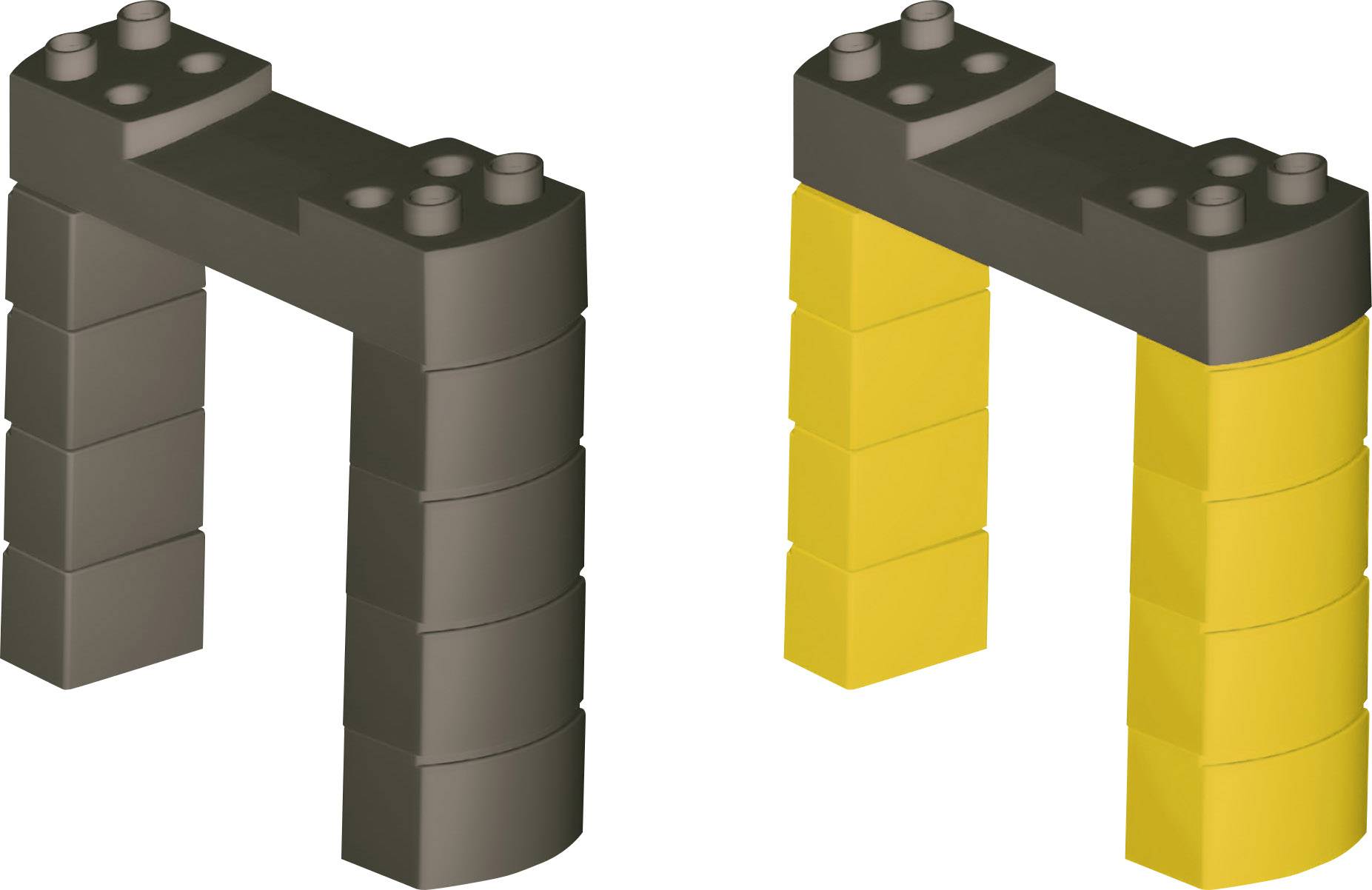 Two bridge sets made of building blocks; the one on the left is dark grey, the one on the right is yellow. Both consist of similar, rectangular segments.