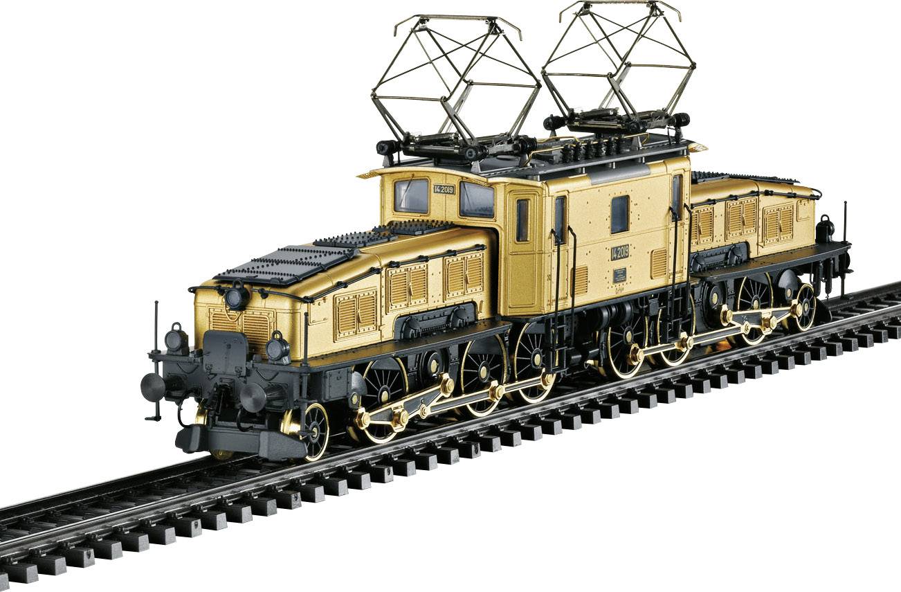 Yellow model locomotive with black details on a track. Two pantographs are visible on top. Historic design.