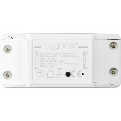 'A Sygonix device, Model No. S42, supports Wi-Fi IEEE 802.11b/g/n. Input/Output: 90-250V AC, Maximum load: 10A.'