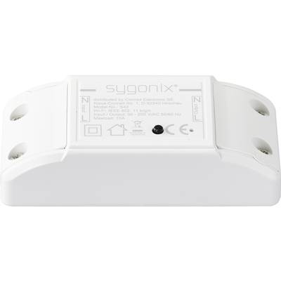 A white Sygonix Wi-Fi switch, Model 342, suitable for 90-250 VAC, 50/60 Hz, maximum 10A. Supports IEEE 802.11 b/g/n.