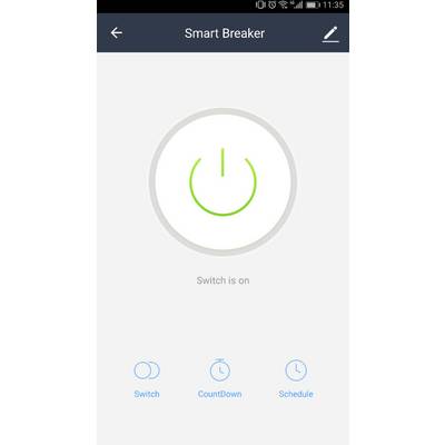 App display for controlling a smart switch. The switch is currently switched on. Below: Options 'Switch', 'Countdown', 'Schedule'.