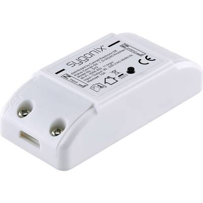 A white electric switch with 'sygonix' printed on it and technical specifications on the top surface, with two screw terminals.