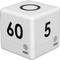 A white cube timer with black numbers displays '60 min' and '5 min' on different sides.