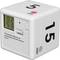 White kitchen timer cube with numbers for time setting (5, 15 minutes). Digital display shows the remaining time.