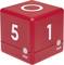 Red cube timer with numbers 5 and 1 on the sides and 'min' at the bottom, used for displaying and setting minutes.