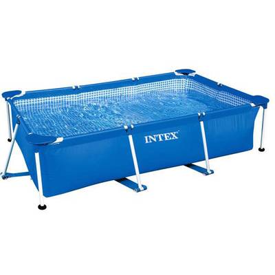Blue Intex rectangular swimming pool, filled with water, featuring white support poles and an interior mesh wall, suitable for garden or courtyard.