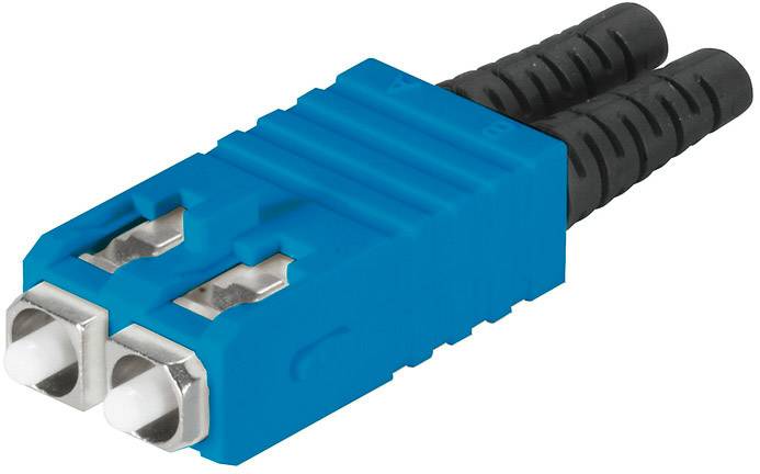 A blue fibre optic cable connector with two metal pins and black cable ends. Typically used for network connections.