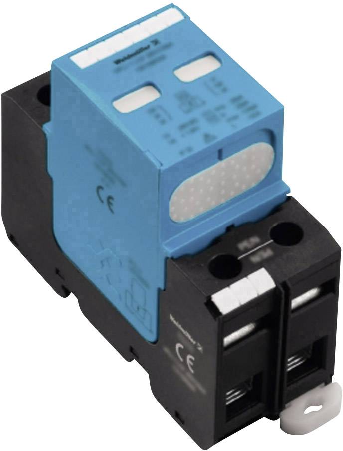 A blue, rectangular electrical switch block with CE marking, mounted on a black base with two connection terminals.