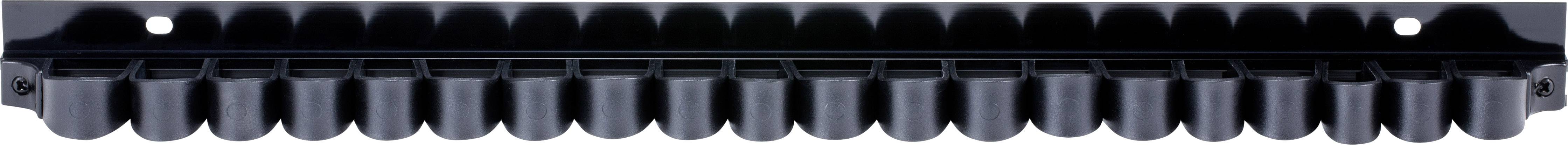 'View of a black coffee pod holder, with multiple round recesses for storing coffee pods in a row.'