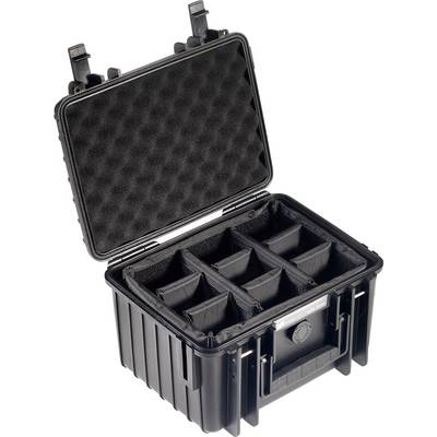 An opened black protective plastic case with multiple padded compartments for securely storing technical equipment.