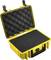 Yellow hard-shell suitcase with open lid, showing protective foam interior for safely transporting delicate items.