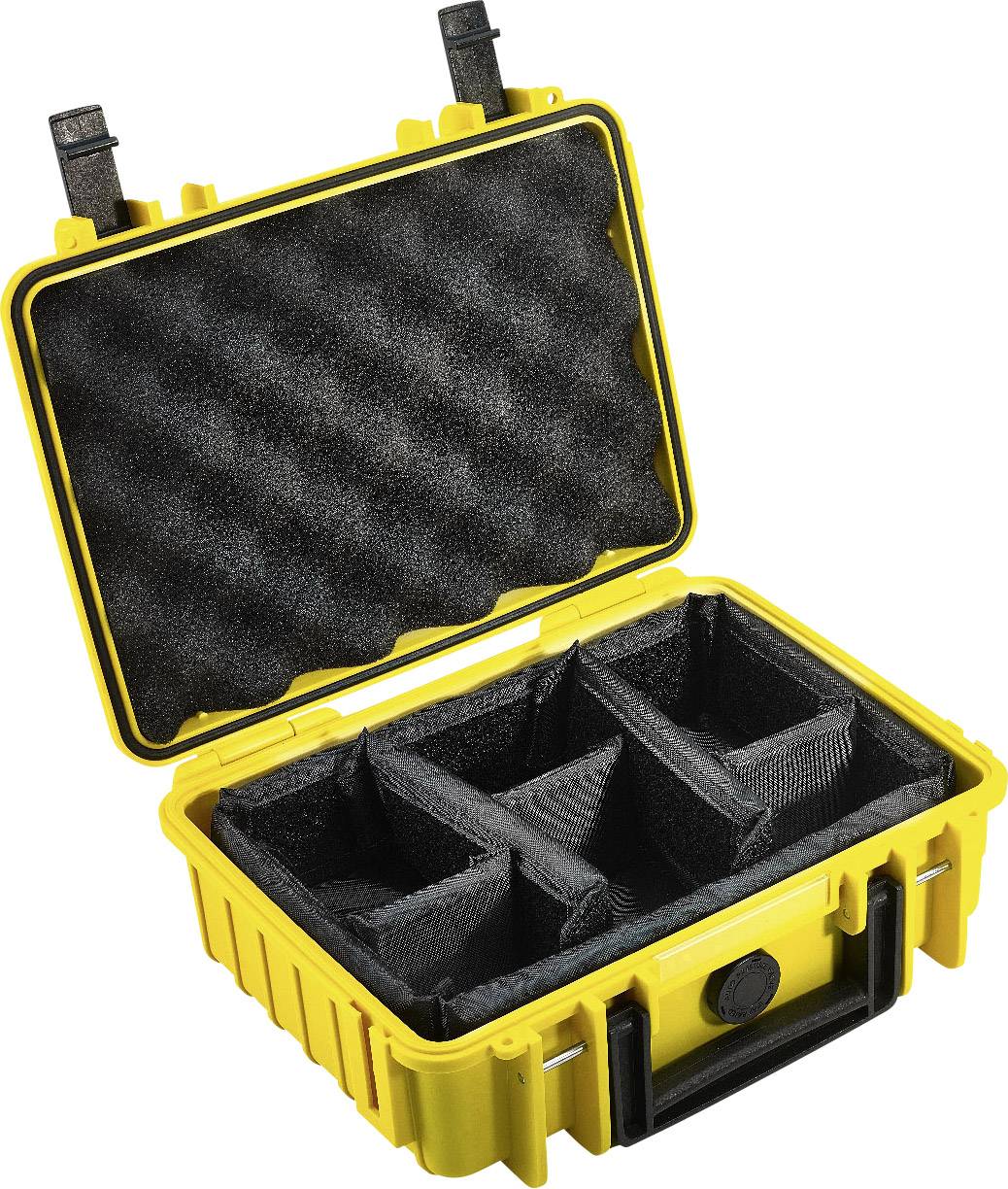 An open yellow suitcase with a padded interior and flexible dividers. Suitable for the secure transportation of delicate items.