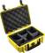 An open yellow suitcase with a padded interior and flexible dividers. Suitable for the secure transportation of delicate items.