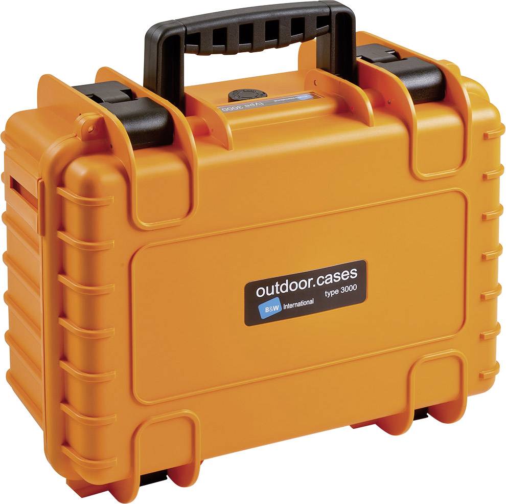 A robust, orange transport case with a black handle, suitable for protecting sensitive equipment, labelled with 'outdoor cases type 3000'.