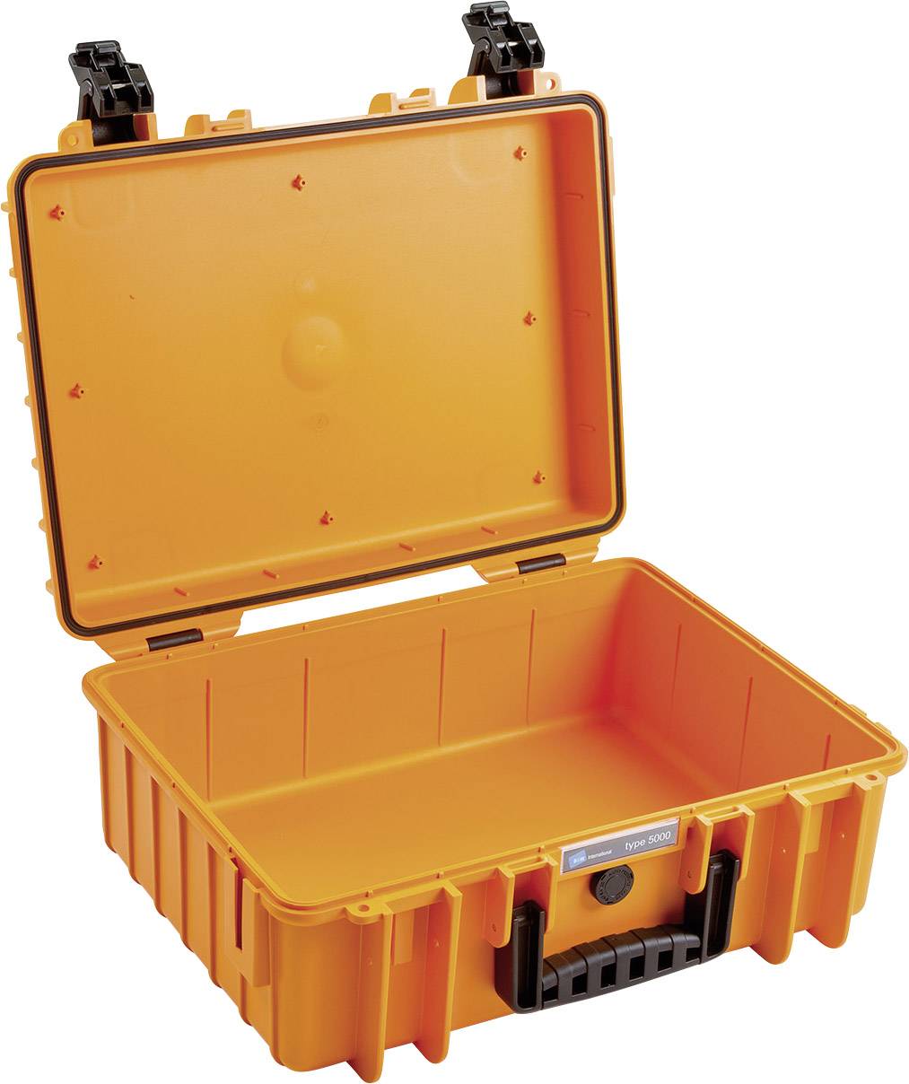 An open, empty, orange plastic case with a black handle and snap locks, commonly used for secure transportation.