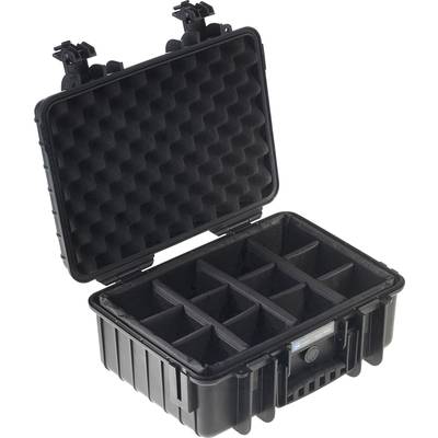Black, opened protective case with foam padding and adjustable internal compartments, suitable for secure transportation.