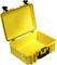 Yellow, robust plastic suitcase, open and empty, with handles and locks, suitable for the secure transportation of equipment.
