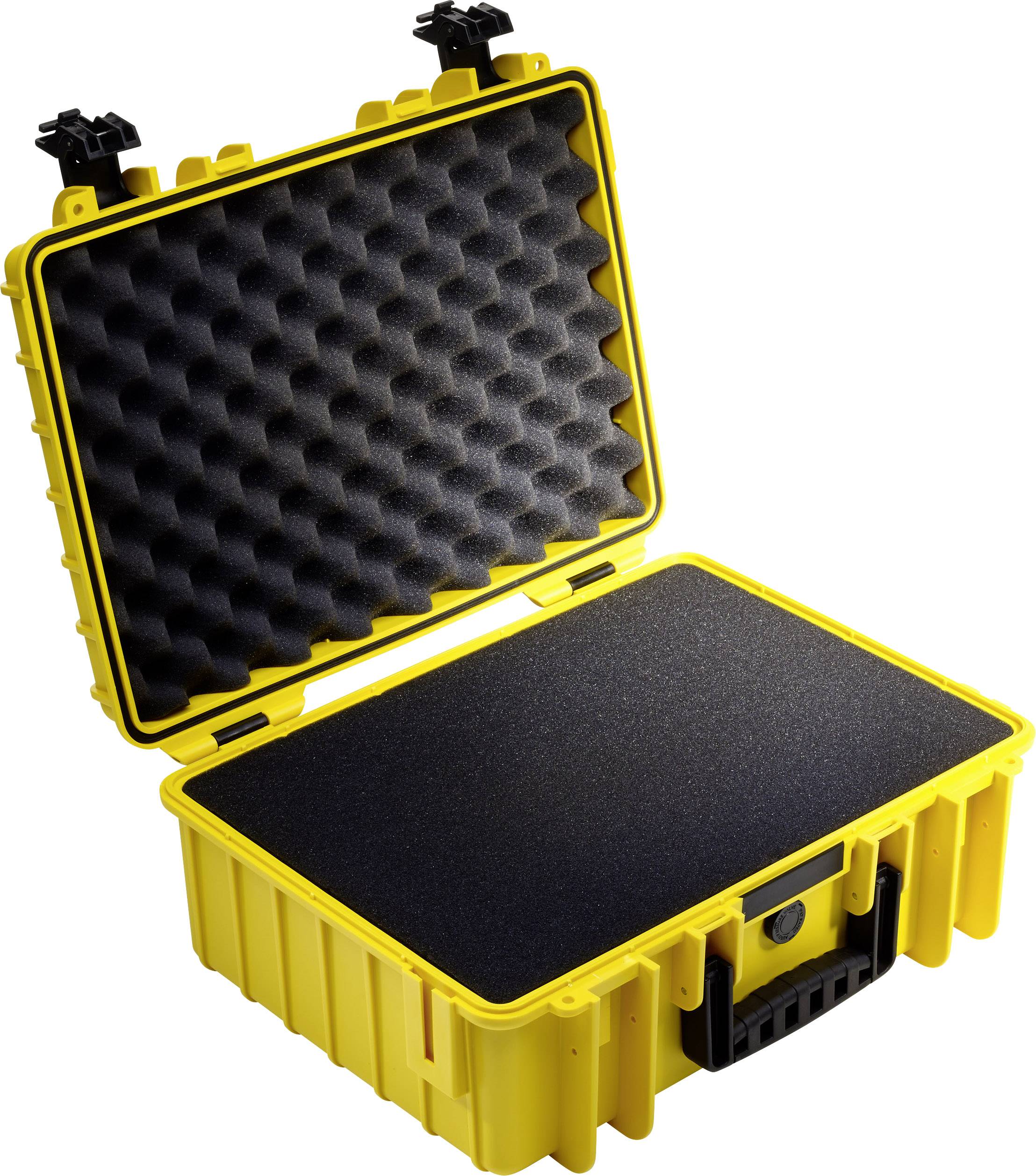 Yellow hard-shell suitcase with open lid, black foam lining inside. Suitable for securely transporting delicate items.