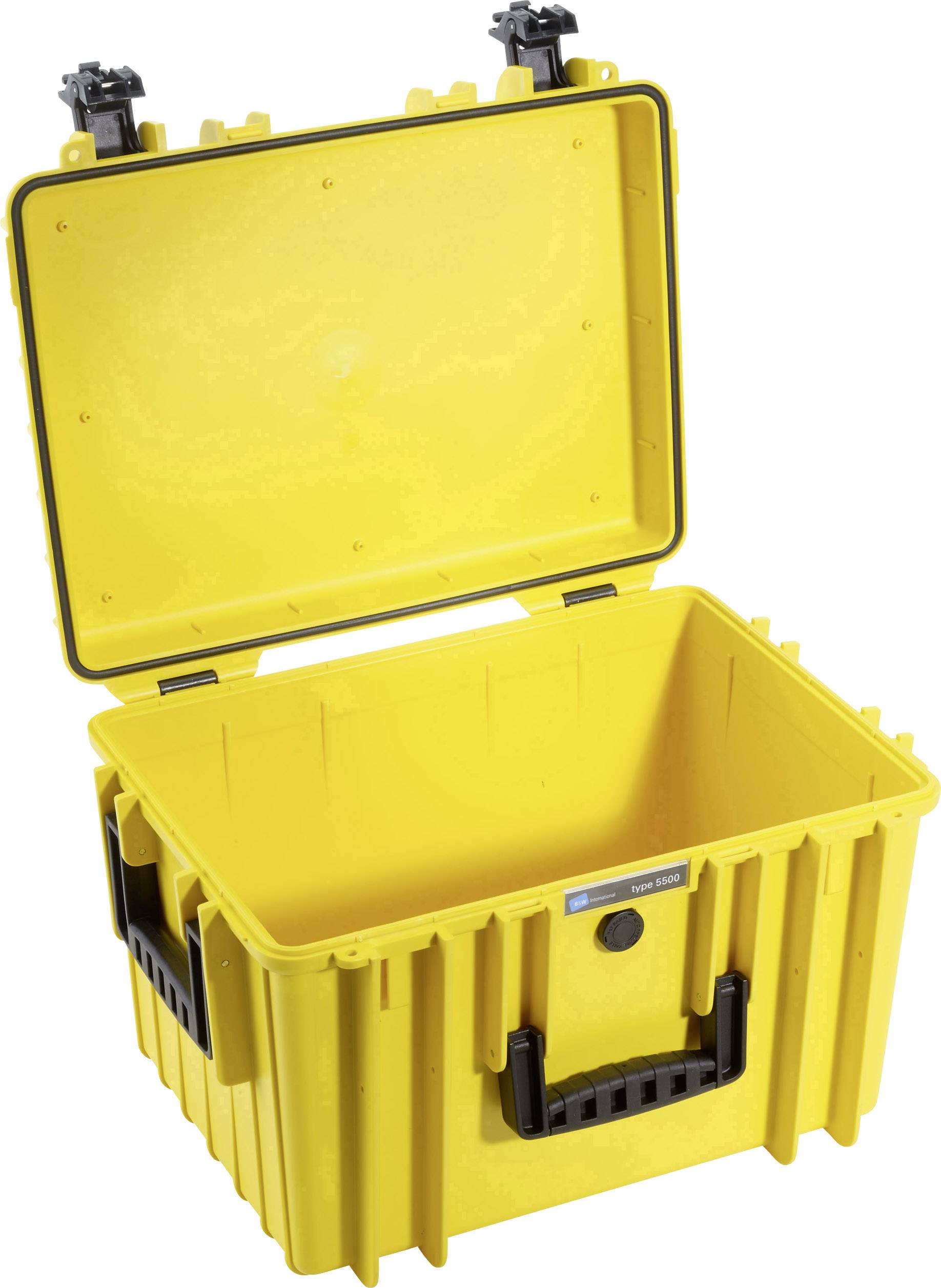 Yellow, robust plastic case with an open lid, suitable for the safe transportation of delicate items.