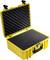 Yellow protective case with open lid, padded foam interior, suitable for securely storing delicate items.