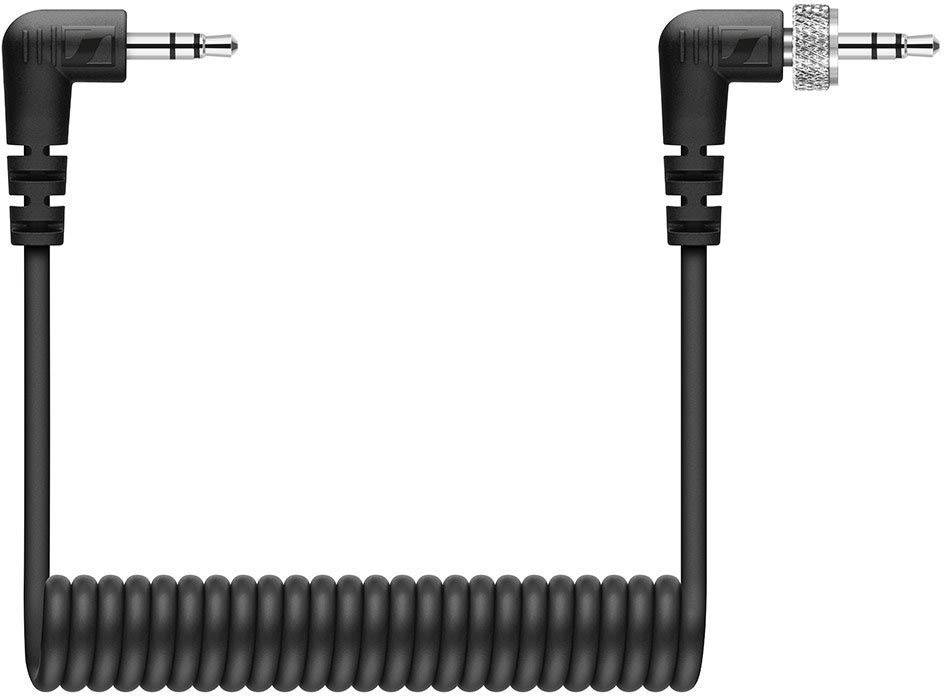 A black, spiral-shaped audio cable with two angled 3.5mm jack plugs at the ends, suitable for headphones or audio devices.
