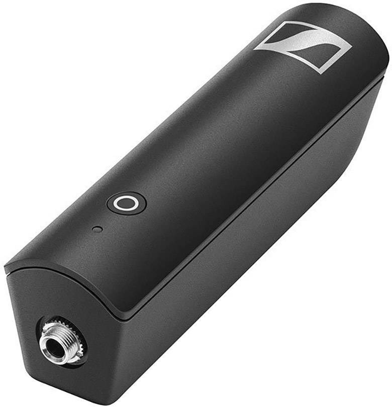 A black wireless XLR transmitter with a small round button and connection, suitable for microphones, with brand logo on top.