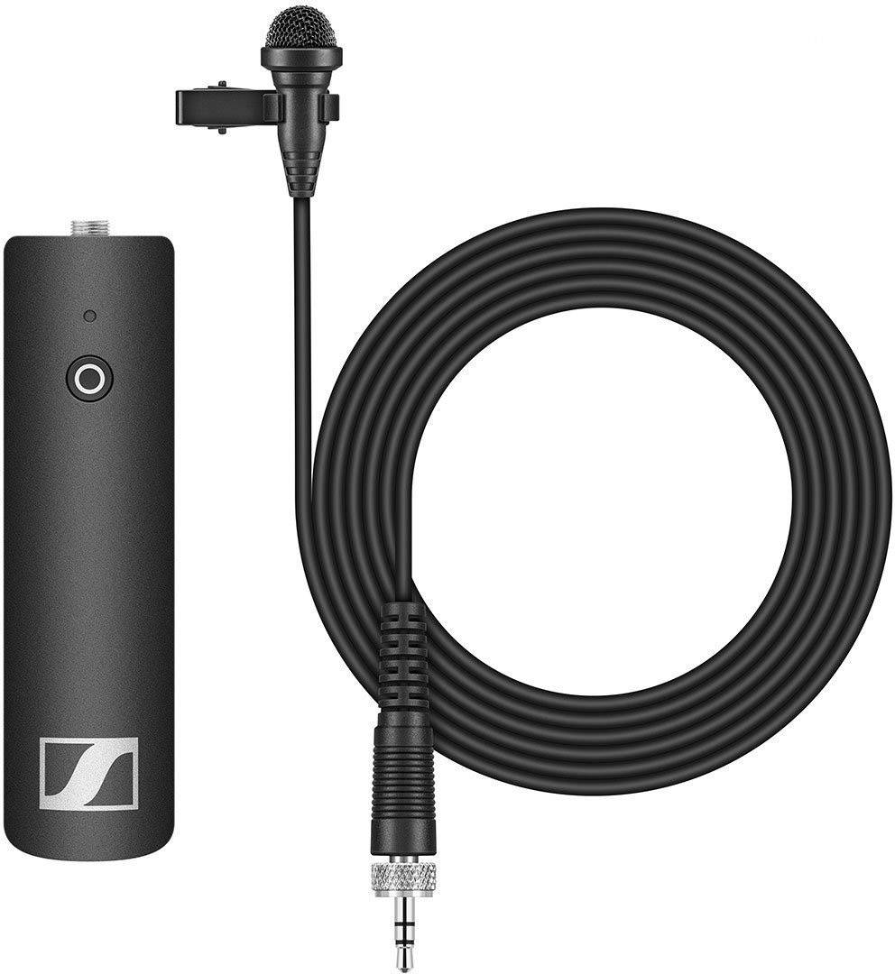 Lapel microphone with long cable and plug, suitable for audio recordings.