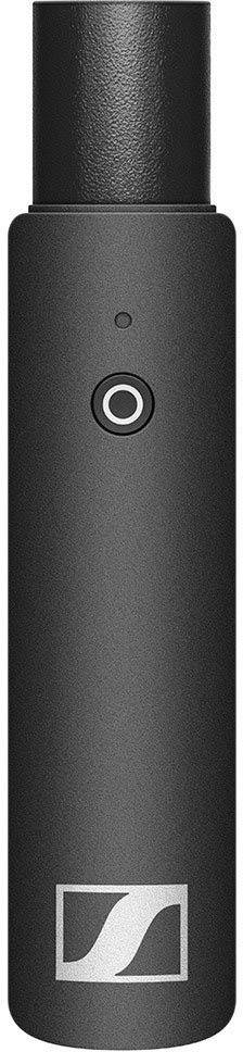 A black, wireless microphone adapter with a cylindrical shape and a button in the centre. A logo is located at the bottom.