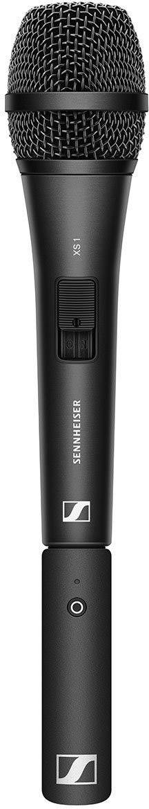 A black handheld microphone with a visible power switch on the front, suitable for voice and music recordings.
