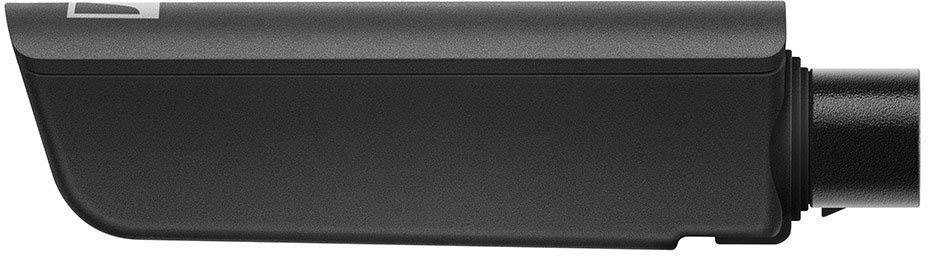 Black, rectangular device viewed from the side with a round connection on the right side.