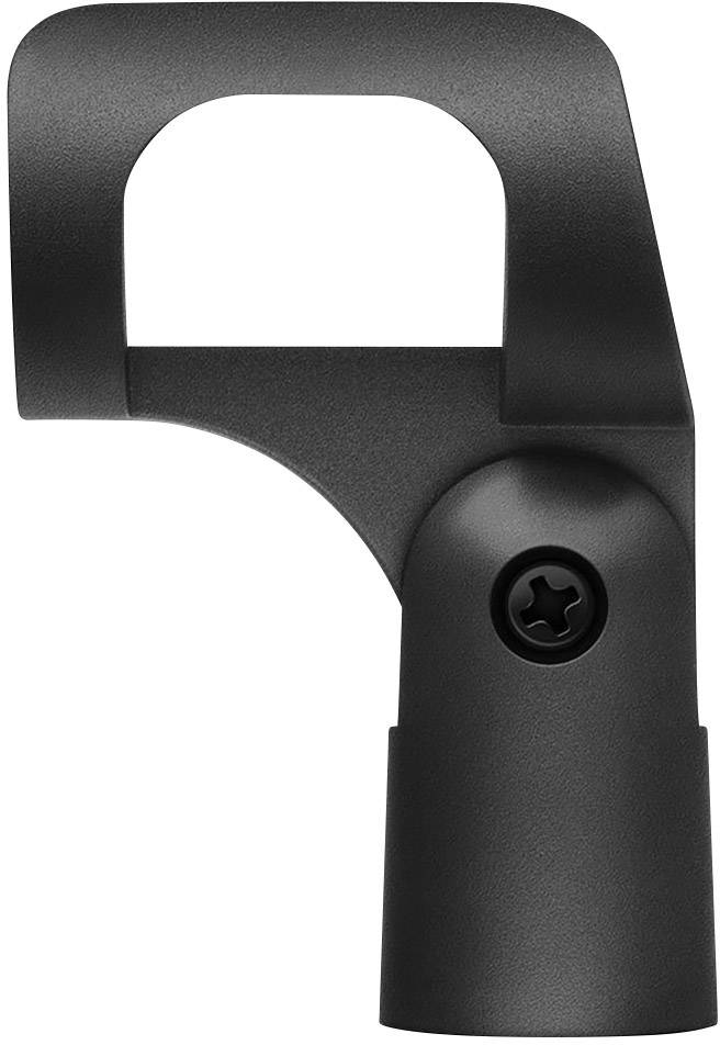 Microphone stand with a black, curved design, featuring a screw connection at the base for securing to a tripod or stand.