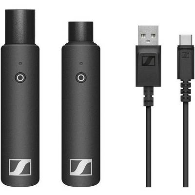 Two black wireless microphone receivers with USB cables, suitable for audio transmission and amplification, shown in vertical orientation.