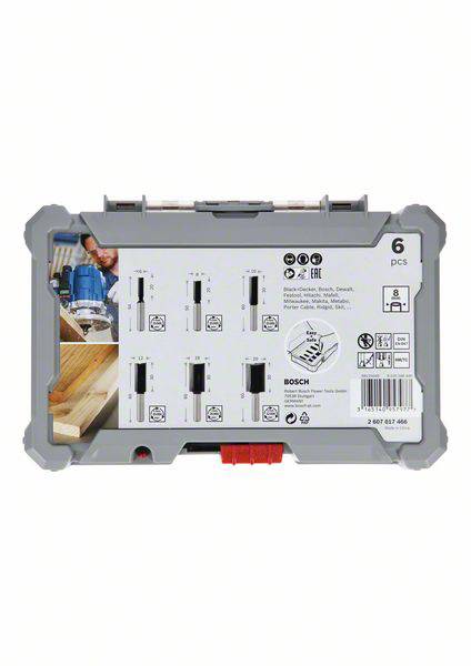 A grey Bosch drill bit set case with six drill bits, pictured drill application. Dimensions and application instructions printed.