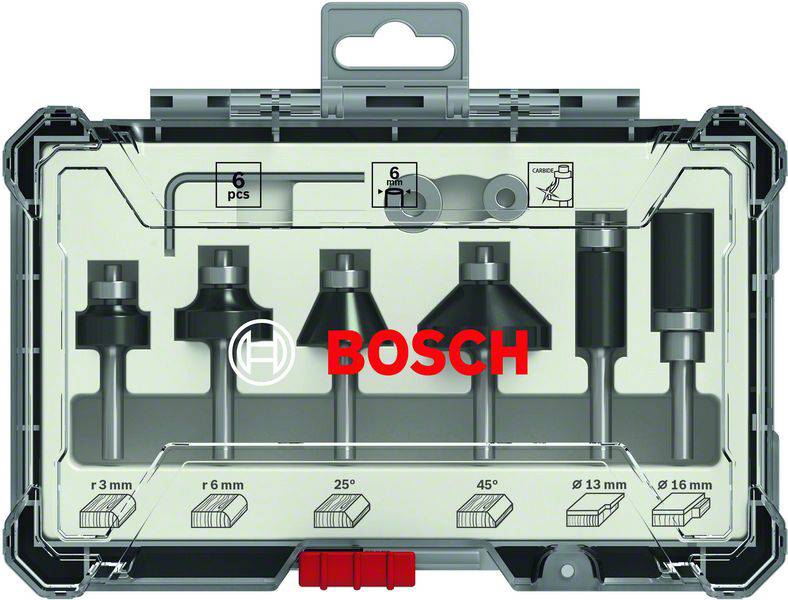 'Bosch' hole punch set in a transparent plastic case with six pieces, including various drilling and milling attachments.