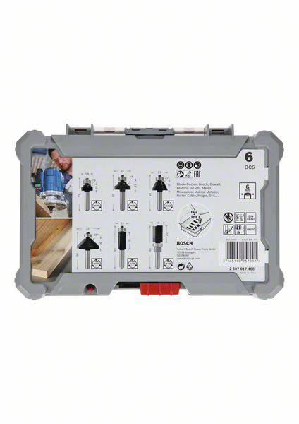 Contains six woodworking router bits, displayed in a grey box with product information and symbols on the front.