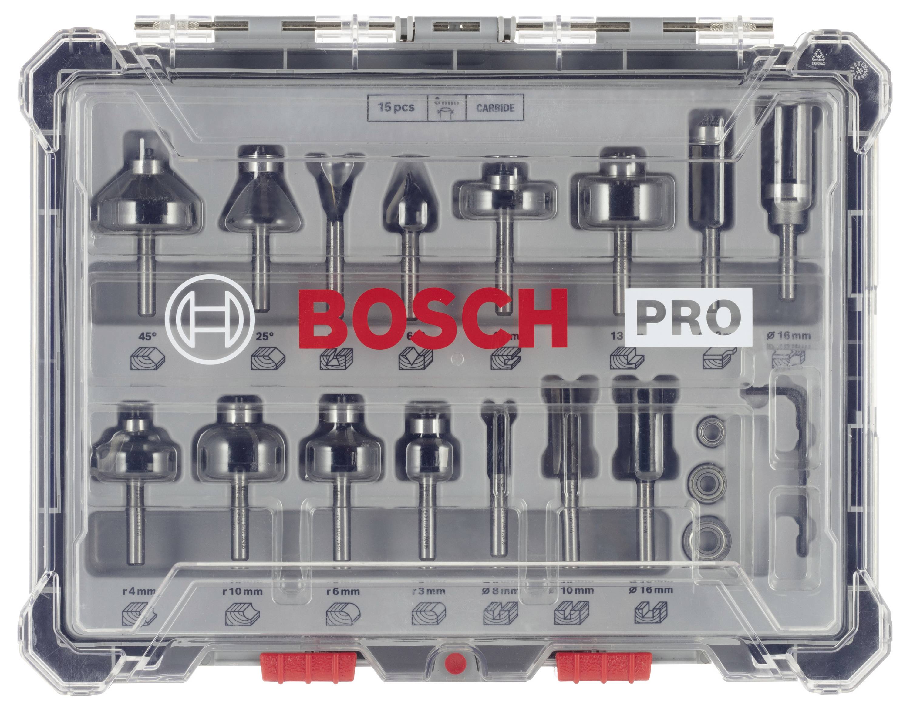 'Bosch Pro' Router Bit Set in transparent box with 15 different router bits, suitable for woodworking.