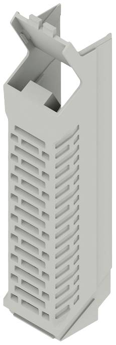 Grey plastic casing with openings and an upper mounting bracket, potentially for attaching or installing a technical device.