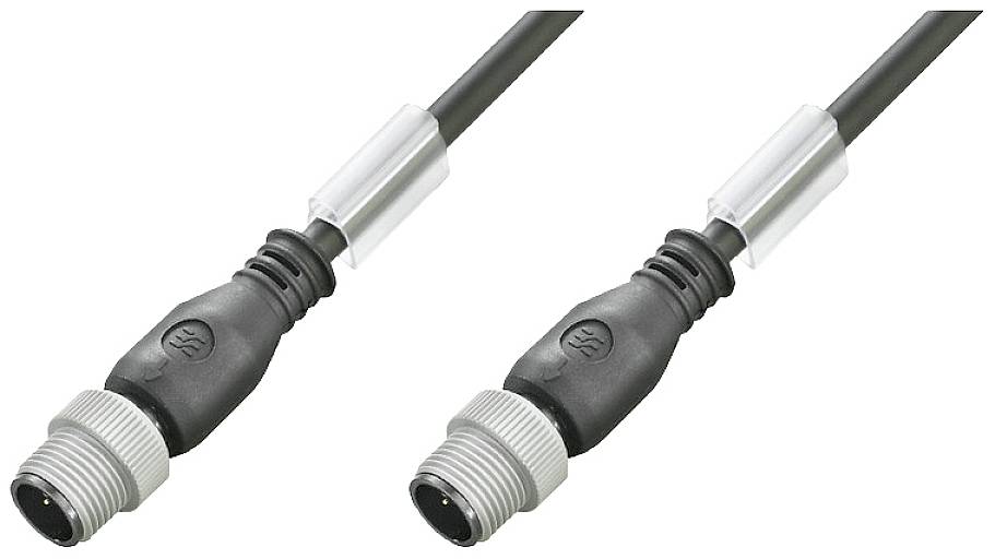 Two black connector cables with grey metal threads and protective caps, used for connecting electronic devices.