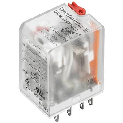 A transparent Weidmüller relay with the print 'DRM570730LT', showing electrical specifications and connection pins.