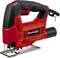 Red jigsaw with black handle, model print 'Einhell TC-JS 60/1', suitable for precise cutting of wood and other materials.