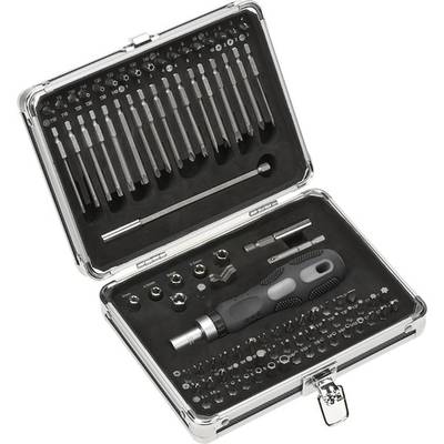 An open suitcase containing a comprehensive screwdriver set with various bit sizes. Perfect for versatile repairs.