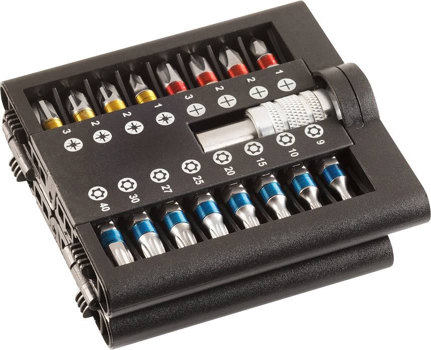 'Set of screwdriver bits in a black holder, with colour-coded tips and size markings from 1 to 40.'