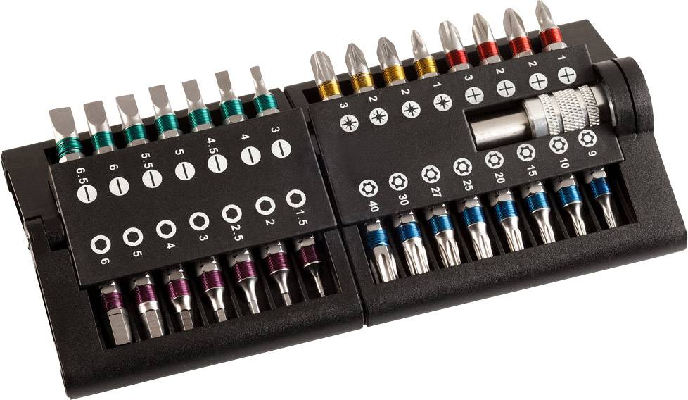 Screwdriver bit set with various screw heads and sizes, numbered and colour-coded for easy selection and organisation.
