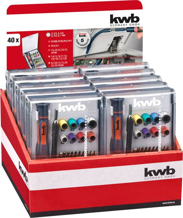 A sales display with 40 KWB tool sets, each set containing various screwdriver bits and tools in a box.