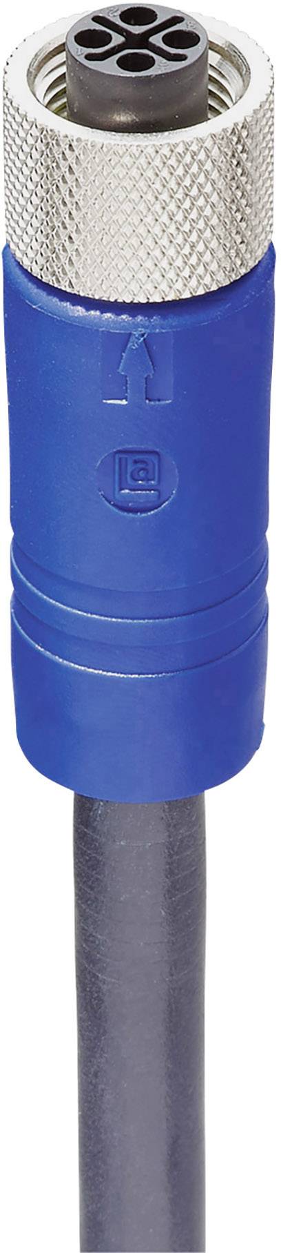 A navy blue and black electrical multi-pin connector with a metal sleeve, designed to connect a cable.