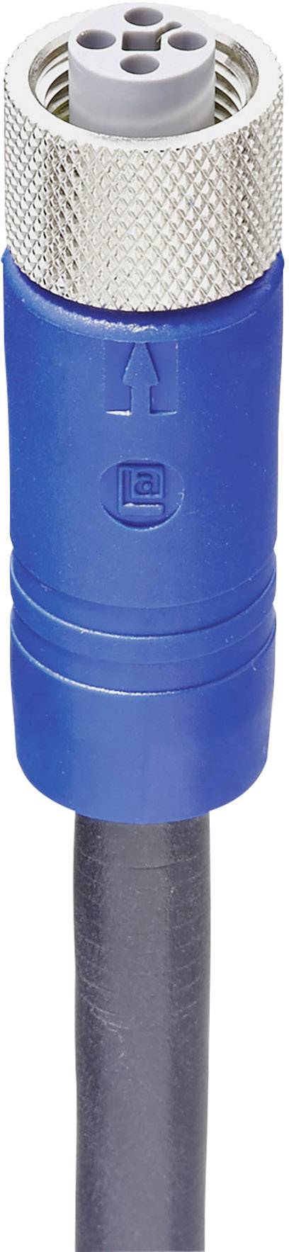 Blue circular push-fit connector with black cable, with an arrow at the top pointing to a four-pin socket; used in industrial applications.