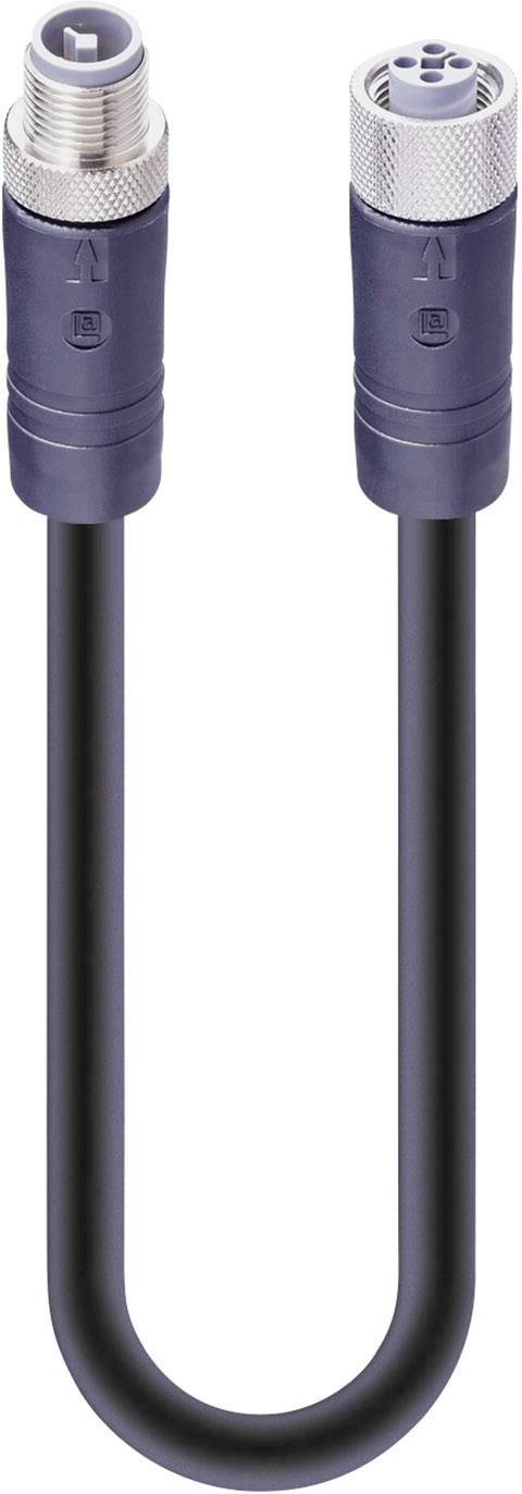 Black cable with M12 connectors at both ends, suitable for industrial applications and data transmission.